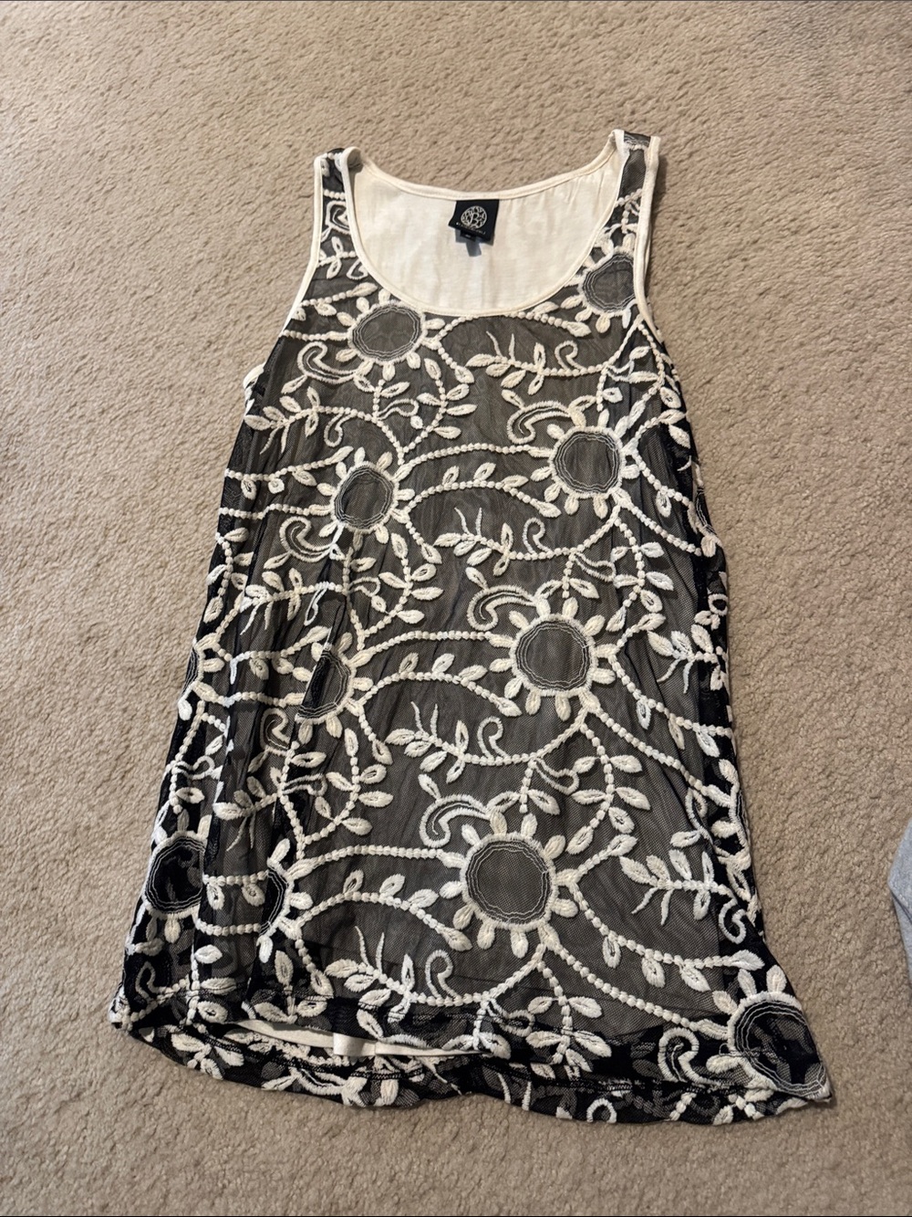 bobeau Black Sheer Floral Embroidered Tank with White Lace